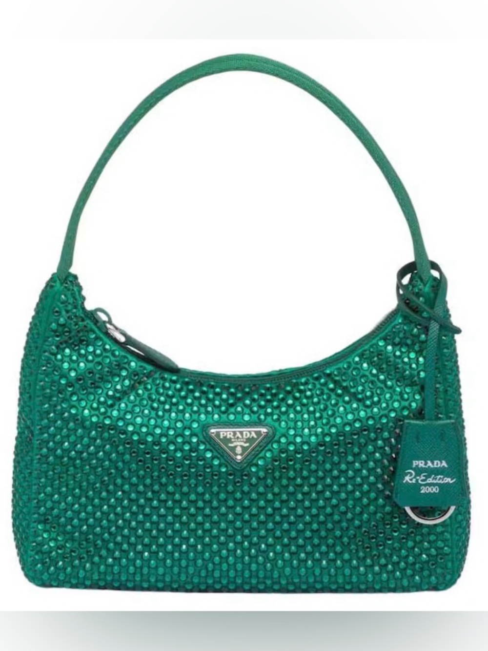 Prada Re-edition 2000 style, mini handbag in a green satin studded with crystals